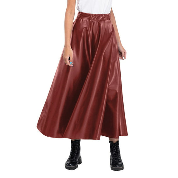 Womens Winter High Waist Faux Leather Skirt Loose Baggy Holiday Party Maxi Dress